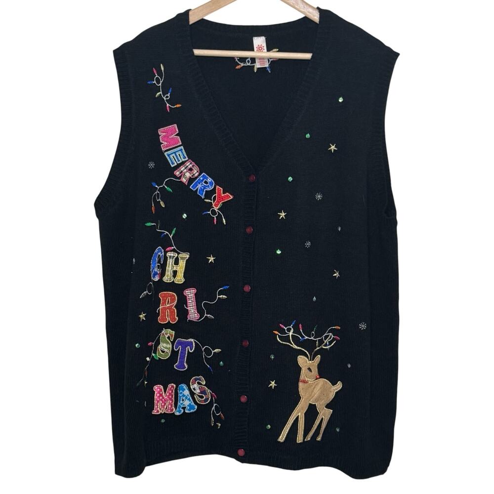 Plus Size Knit Christmas Sweater Vest 2X Sequins Lights Festive Whimsy Reindeer